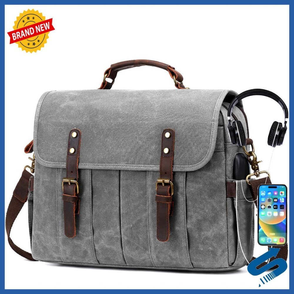 Vintage Canvas Leather Messenger Bag 15.6 Inch Laptop Briefcase Satchel